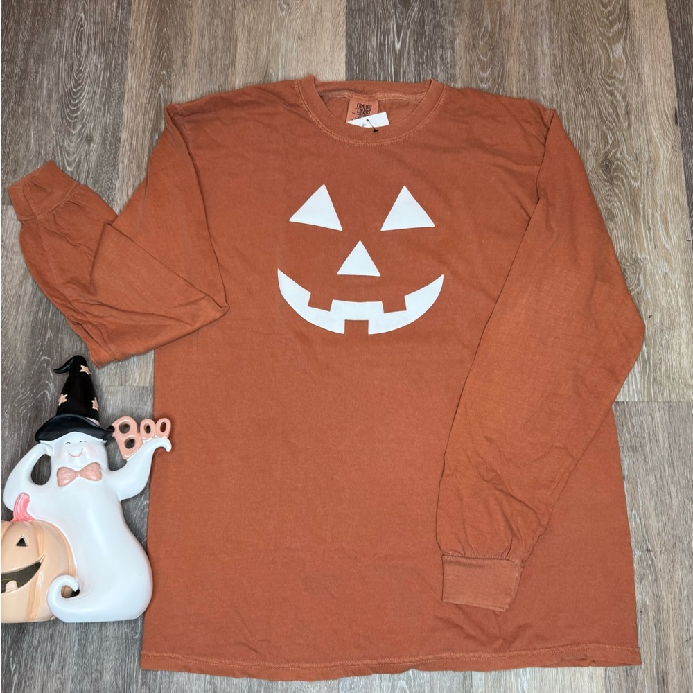 Comfort Colors Pumpkin Face Long Sleeve Tee - Orange